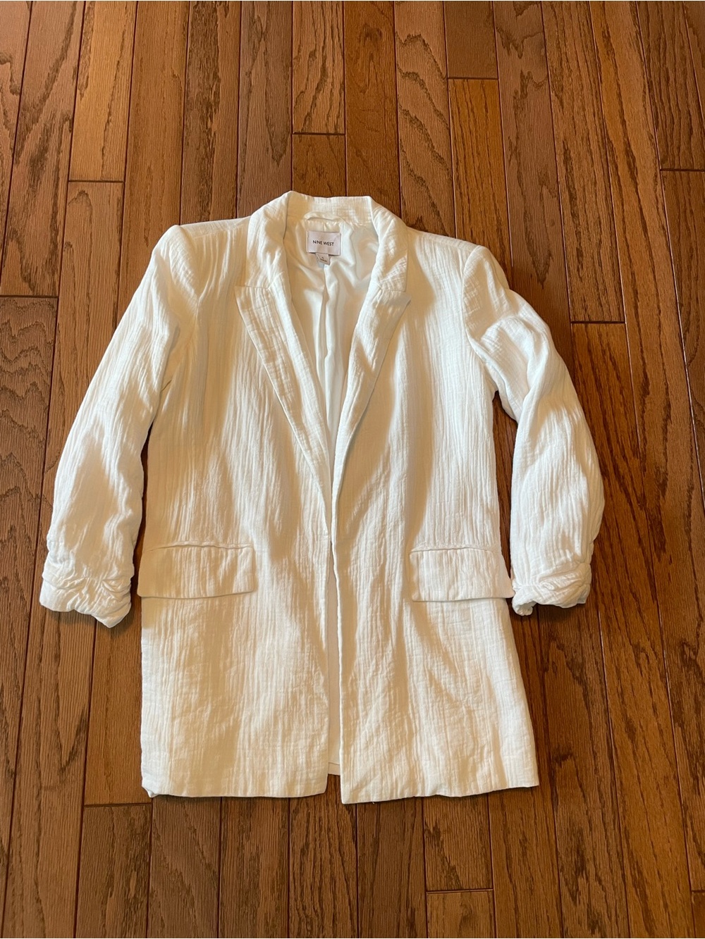 Nine West White Crinkle Cotton Gauze Open-Front Blazer - Size Small